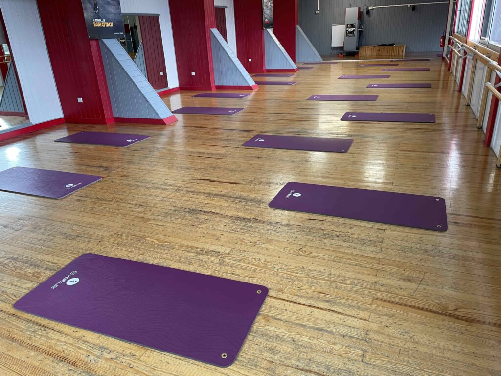 Salle de fitness avec des tapis par terre.
