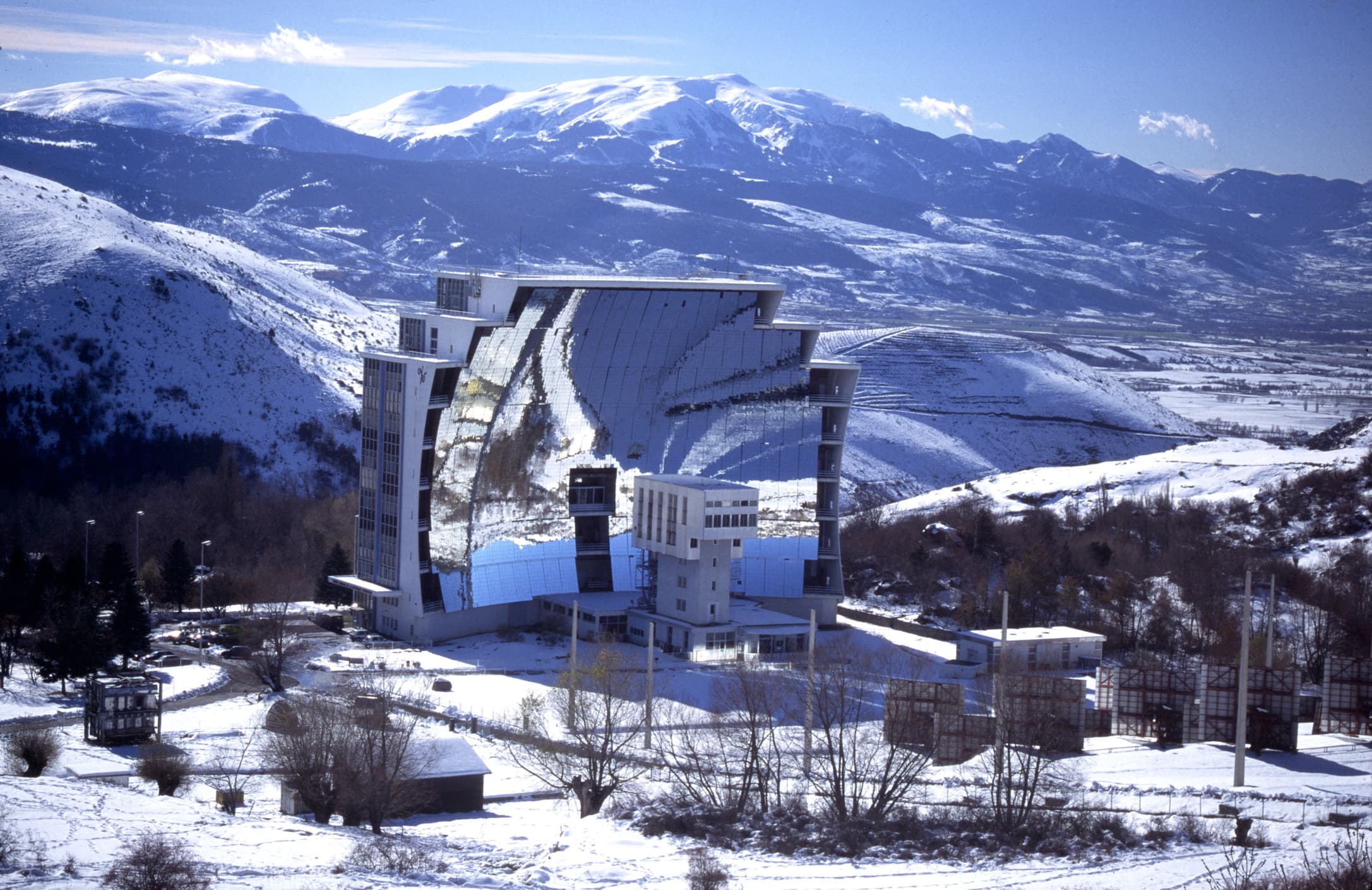 Odeillo Solar Furnace surrounded by snow.